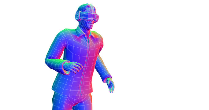 Wireframe over lay colorful surface man wear vertual reality goggle which pose running isolated on white background , 3d rendering.  