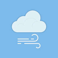 The weather forecast icon of a cloud with a wind symbol is isolated on a blue background. Vector illustration. Editable lines.
