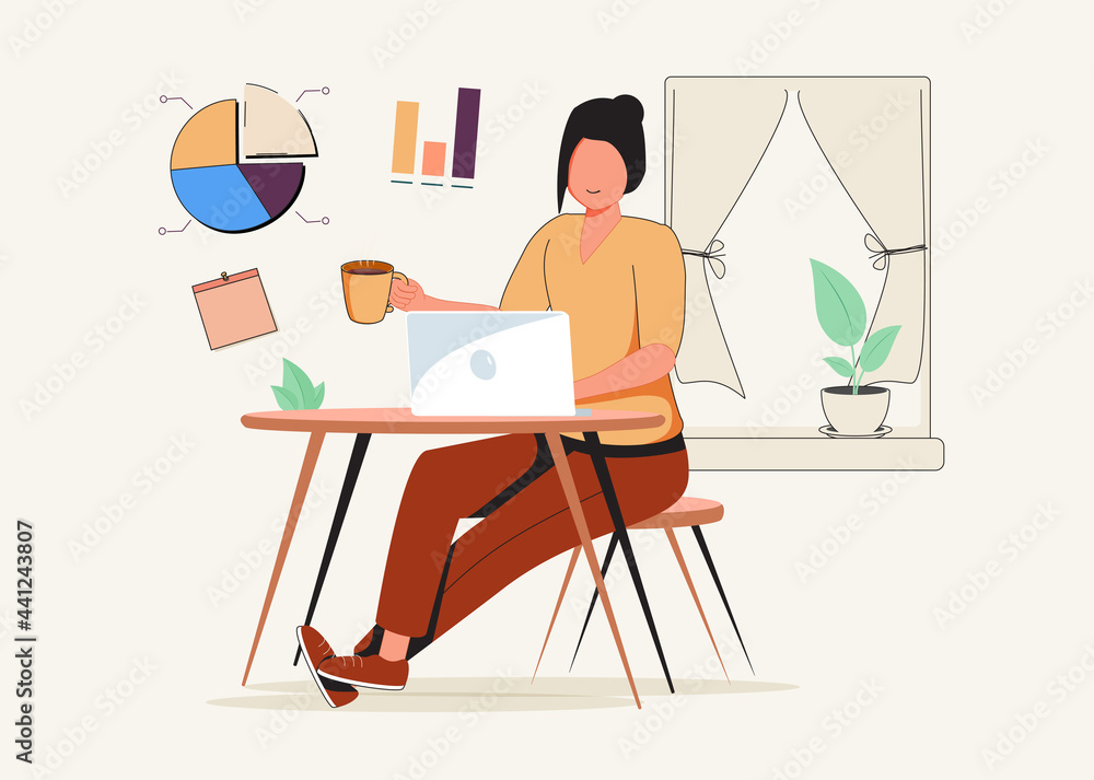 Poster creative worker using digital devices and programs in project. hand drawn style vector design illust