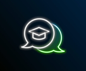 Glowing neon line Graduation cap in speech bubble icon isolated on black background. Graduation hat with tassel icon. Colorful outline concept. Vector