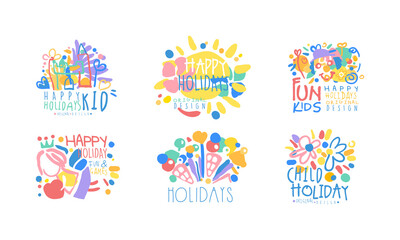 Fun Kids Happy Holidays Logo Design Set, Child Holidaym Fun and Games Colorful Labels Vector Illustration
