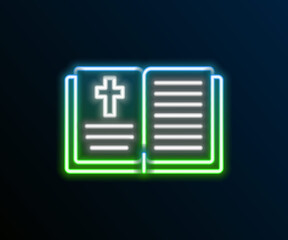 Glowing neon line Holy bible book icon isolated on black background. Colorful outline concept. Vector