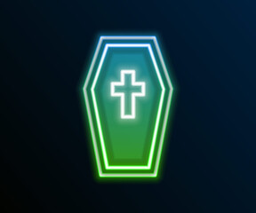 Obraz premium Glowing neon line Coffin with christian cross icon isolated on black background. Happy Halloween party. Colorful outline concept. Vector