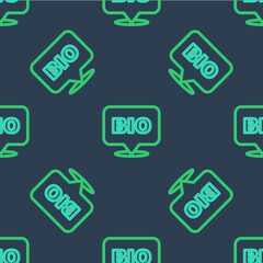 Line Bio green healthy food icon isolated seamless pattern on blue background. Organic product. Healthy food sticker. Vector