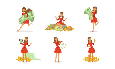 Happy Successful Young Woman Millionaire Enjoying her Money Set, Happy Wealthy Girl Sitting on Piles of Money Cartoon Vector Illustration
