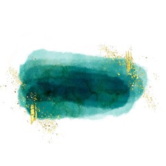 turquoise watercolor brush stroke with gold design elements, abstract texture with golden ink	