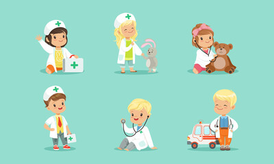 Cute Kids in White Coats Playing Doctors Set, Little Boys and Girls Treating their Patients with Medical Tools Cartoon Vector Illustration