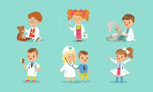 Set of Cute Kids Playing Doctors, Cheerful Little Boys and Girls Examining and Treating their Patients with Medical Tools Cartoon Vector Illustration