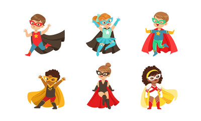 Kid Superheroes Set, Happy Little Boys and Girls Wearing Comics Costumes and Masks Having Fun Cartoon Vector Illustration