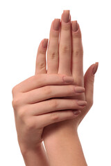 hand with nude manicure on white background