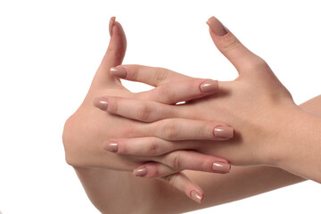 hand with nude manicure on white background