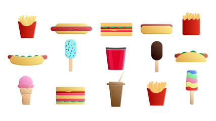Set of 15 icons of items of delicious food and snacks for a cafe bar restaurant on a white background: fries, sandwich, ice cream, popcorn, drink