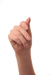 hand with nude manicure on white background