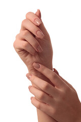 hand with nude manicure on white background