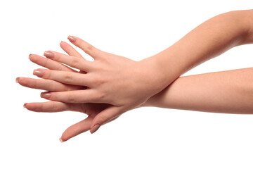 hand with nude manicure on white background