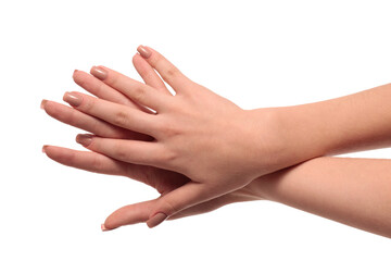 hand with nude manicure on white background