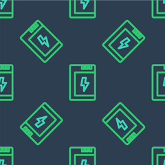Line Battery for camera icon isolated seamless pattern on blue background. Lightning bolt symbol. Vector