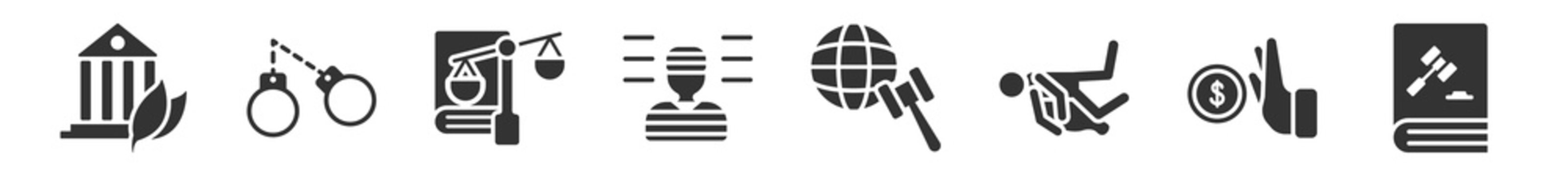 Filled Set Of Law And Justice Icons. Glyph Vector Icons Such As Environmental Law, Criminal Law, Labour And Social Prisoner, Diplomacy, Constitutional Vector Illustration.