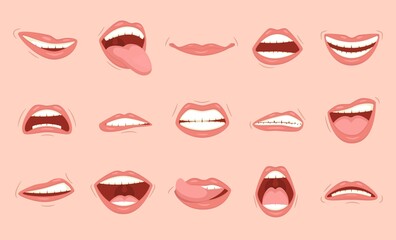 Fototapeta na wymiar Set of emotional women's lips. Cartoon cute mouth expressions.