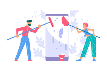 Support service is cleaning the smartphone screen