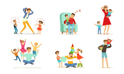 Stressed Tired Parents with Naughty Children Set, Exhausted Mom and Dad with Playful Kids Cartoon Vector Illustration