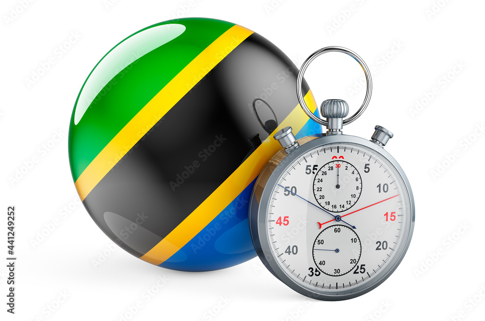 Poster stopwatch with flag of tanzania, 3d rendering