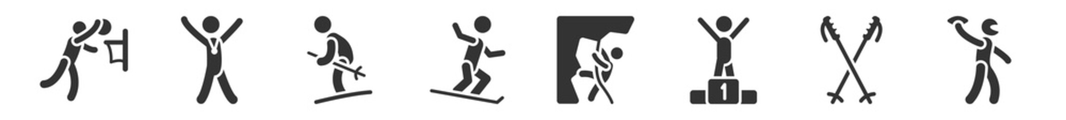 filled set of sports icons. glyph vector icons such as basketball player scoring, champion, skiing, stick figure on snowboard, climber, american football player playing throwing the ball in his