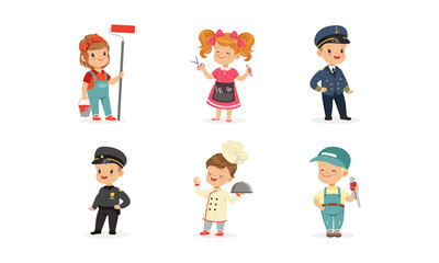 Cute Boys and Girls of Different Professions Set, Painter, Hairdresser, Pilot, Policeman, Cook, Plumber Cartoon Vector Illustration
