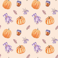 Cozy seamless pattern with teddy bears, pumpkins, honey pots, bluebells and heather. Watercolor hand painted elements on beige-orange background. Perfect for late summer and early autumn.