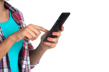 Young Indian girl using a mobile phone or smartphone isolated on a white background