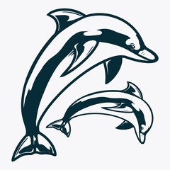 Jump of two dolphins in vintage monochrome style isolated vector