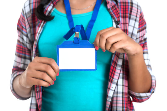 Young woman holding Identification white blank plastic id card.