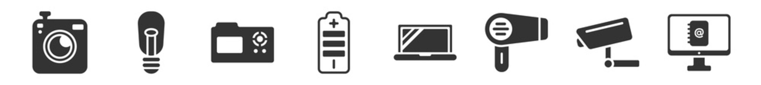 filled set of technology icons. glyph vector icons such as retro squa camera, old light bulb, nanosensor, small battery with medium charge, open laptop, email agenda. vector illustration.