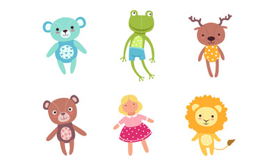 Kids Soft Toys Set, Frog, Deer, Teddy Bear, Doll, Lion Cartoon Vector Illustration