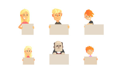 People Holding Empty Blank Banners Set, Funny Cheerful Persons Showing Empty Signboards Cartoon Vector Illustration