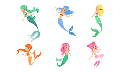 Fototapeta premium Little Cute Mermaids of Different Colors Set, Beautiful Mythical Marine Creatures Cartoon Vector Illustration