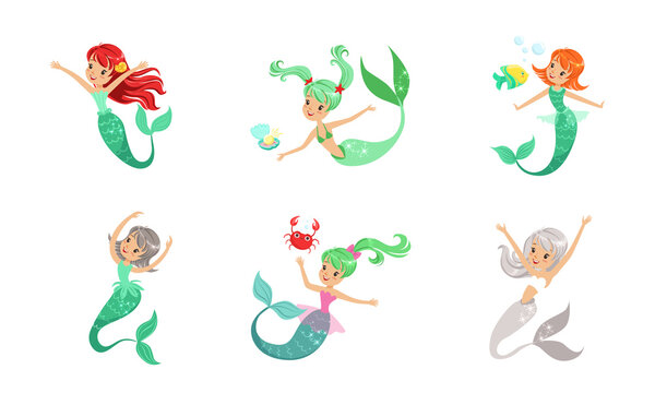 Little Cute Mermaids Set, Beautiful Mythical Colorful Marine Creatures Cartoon Vector Illustration