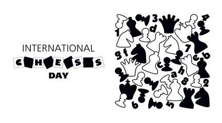 International chess day. July 20. Holiday greeting poster. White isolated background. Text. Doodle style. Vector illustration