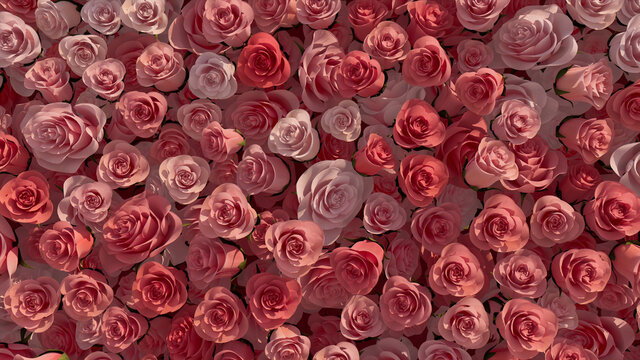 Romantic, Beautiful Flower Blooms arranged in the shape of a wall. Elegant, Bright, Roses composed to create a Red floral background. 3D Render