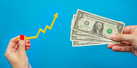 Inflation, dollar hyperinflation. Rising prices. Banner with blue background. One dollar bill in...