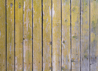 Old peeling painted fence made of wooden vertical slats