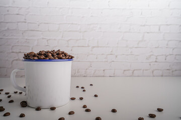 coffee beans in white glass white brick background scene