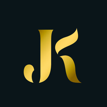 JK monogram logo.Typographic signature icon.Letter j and letter k.Lettering sign isolated on dark fund.Wedding, fashion, beauty alphabet initials.Elegant, luxury style.Gold color.
