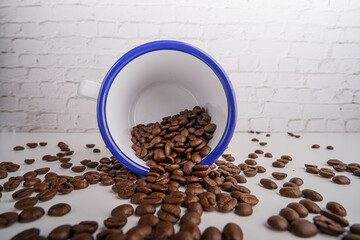 coffee beans in white glass white brick background scene