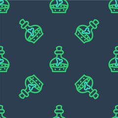 Line Bottle with potion icon isolated seamless pattern on blue background. Flask with magic potion. Happy Halloween party. Vector