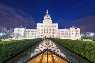 Austin, Texas, USA at the Texas State Capitol at night.