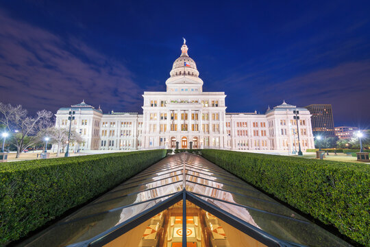 Austin, Texas, USA at the Texas State Capitol at night.