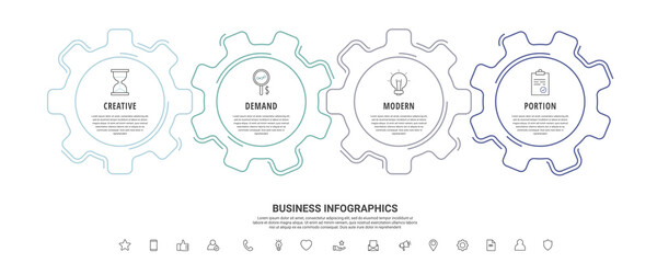 Line infographic gears with 4 steps. Vector timeline with cogwheels for business concept and chart