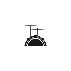 Vector logo of rock school or rock band. Snare drum with drumsticks and cymbals.