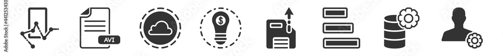 Poster filled set of user interface icons. glyph vector icons such as mobile stock data analysis, avi exten